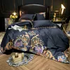 Ultra Soft Egyptisk Bomull Navy Blå Bedding Set Queen King Size 4 / 7PCS Premium Broderi Duvet Cover Bed Sheet Pillow Shams 201022