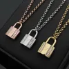 Europe America Fashion Women Lady Titanium steel Thick Chain Necklace With Engraved V Initials Double Row Diamond Lock Charm