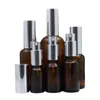 Bouteille en verre de lotion de pulvérisation vide, pompe à pression argentée, flacons rechargeables d'émulsion, récipient d'emballage cosmétique de parfum marron 5ml 10ml 20ml 30ml 50ml 100ml