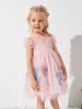 幼児の女の子ユニコーンプリントパフスリーブをカットバックスパンシンメッシュドレス