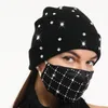 Mulheres Diamante Beanie Chapéu e Face Mask Rebite Designers Folha Estrela Chapéu de Face Máscara de Esqui Cap