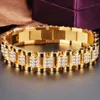 Micro Paved Cubic Zirconia Bling Iced Out Gold Stainless Steel Watch Band Link Chain Bracelet Men Hip Hop Rapper Jewelry