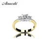 AINOUSHI Yellow Gold Color Rings Three Stones Princess SONA Engagement Band 925 Sterling Silver for Bridal Wedding Accessories Y200106