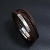 Multilayer homens trançados pulseiras de couro vintage ímã de aço inoxidável envoltório marrom wristband mulheres jóias