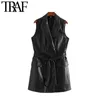 TRAF Das Mulheres Rua Moda Dupla Breasted Pu Faux Leather Waistcoat Vintage com Bolsos Cinto Feminino Outerwear Chique Top 201214