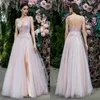 Hot Sale Evening Dresses Appliqued Lace Sexy V Neck Custom Made Prom Dresses Side Split Backless A Line Formal Pageant Party Dress