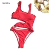SGCHUA 2020 New Solid Bandage One Piece Swimsuit Women Cut Out Monokini White Yellow Blue Swimwear Sexy Hollow Out Bathing Suit T200708
