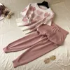 Koreaanse zomer liefde bedrukt gebreid 2 stuk set vrouwen korte mouw kralen trui tops + s broek pak roze casual trainingspak 220315