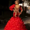 Muslim Long Sleeves Evening Dresses African Mermaid Ruffles Train Lace Appliques Red Prom Dress Plus Size Formal vestidos