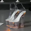 Сандалии больших размеров Прозрачный каблук Многоцветный светоизлучающий ПВХ Платформа с пряжкой Ремешок Супер высокие каблуки Квадратный каблук Женская обувь Y200702