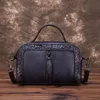 High Quality Genuine Leather Women Cowhide Top Handle Bags Vine Emed Tote Handbag Vintage Crossbody Shoulder Messenger Bag