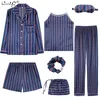 Женские пижамные комплекты из 7 предметов, атласные шелковые пижамы с принтом в полоску, женская одежда для сна, милая домашняя одежда, длинная и короткая пижама 201217