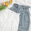 Elastic Waist Summer Women Denim Skirt Pockets Sexy White High waist jeans Skirts Aline Casual Ruffles Female mini saia mujer T200106