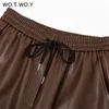 WOTWOY Drawstring Flocking Spliced Loose Leather Pant Autumn Winter High Waist Solid Casual Straight Trousers Female 220214