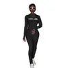 Autumn Knitted Lucky Label Embroidery Long Sleeve Zipper Jumpsuit Women Active Ribbed Moto Biker Romper One Piece Overall285y