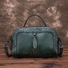 High Quality Genuine Leather Women Cowhide Top Handle Bags Vine Emed Tote Handbag Vintage Crossbody Shoulder Messenger Bag