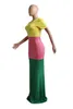 ファッション半袖コントラストカラーブロッキングドレス女性カジュアルエレガントなドレス夏のカジュアルロングドレス