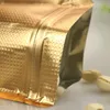 100st stativ upp guld aluminiumfolie zip väska med fönster, metallisk plastförpackning påse för mat te godis cookie