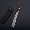 1Pcs New Small Damascus Fixed Blade Knife VG10 Damascus Steel Tanto Point Blade Full Tang Bamboo Handle With Leather Sheath