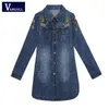 Vangull 5xl bordado floral jaqueta jaqueta primavera outono novo feminino feminino magro med-longa vire para baixo colarinho de manga comprida jeans casaco 201210