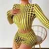 Y-L Herbst Dot Print Zwei Stück Sets Frauen Sexy Mesh O Neck Langarm Tops und Raffen Asymmetrische Bodycon Röcke 220221