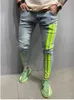 2024Jeans Men Men, listrado com zíper listrado Hole de jeans lavagem vintage Hip Hop TRUSHERS TRUSTHERS SLIM PRESTED JEANS EUROPEIA BIG TAMANHO MENINOS ROODOS DE MENINOS