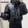 Aachoae Kış Siyah PU Faux Deri Parka Kadınlar Streetwear Uzun Kollu Yastıklı Ceket Tek Göğüslü Kalın Sıcak Coat 201028