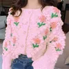 HSA Women Winter Handmade Sweater and Cardigans Floral Embroidery Hollow Out Chic Knit Jacket Pearl Beading Cardigans 201204