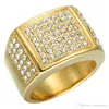 Hip Hop Bling Square z bocznymi kamieniami palcem Pierścień Moda Bydlery Pełna Rhinestone Iced Out Gold Color Titanium Pierścionki ze stali nierdzewnej dla mężczyzn prezent urodzinowy Hurtownie