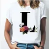 Camisetas con 26 letras del alfabeto para mujer, camiseta informal de manga corta con flores combinadas, estilo coreano, envío directo
