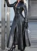 Искусственная кожа длинные куртки платье осень зима женская куртка пальто мода плюс размер гот стенд воротник черный PU женское платье 201028