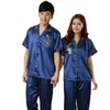 Appliques Imitated Silk Homesuit Homeclothes Fashion Style Short Sleeve Long Pants Blue Couple Men and Women Turn Down Collar LJ201112