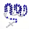 Collar de rosario cuadrado de plástico azul Joyería religiosa de cruz larga