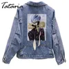 Mujeres bordado flores chaqueta de mezclilla cuello vuelto chaqueta de jean para mujeres sueltas ocasionales agujeros rasgados jean abrigo femenino outwear 201112