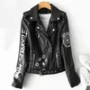 Ailegogo Spring Jesień Kobiety Graffiti Drukuj Pu Faux Skórzana Kurtka Z Pas Streetwear Kobieta Moto Biker Nit Nit Coat Strewear 220107