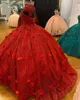 Puffy Rote Handgemachte Blumen Quinceanera Kleider Ballkleid Perlen Kristall Glitzer Tüll Kappe Kurzarm Süßes 16 Kleid Abschlussball Abschlussfeier Damen