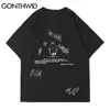 Gonthwid Tshirts Streetwear Casual Gothic Punk Rock Cartoon Devil Print Krótki Rękaw Koszulki Bawełniane Hip Harajuku Tees Topy 220309