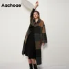 Aachoae Cappotto lungo di lana scozzese vintage da donna con tasche Cappotto doppiopetto moda Cappotto di lana manica lunga a pipistrello femminile LJ201201