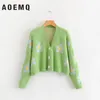 AOEMQ Женские кардиганские женские свитера милый светло -зеленый символ Life Vintage Sweater Spring Swaters с цветочным принтом женщин Tops LJ200815