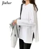 Jielur Autunno Bianco Nero Top Coreano Appliques T-shirt in cotone spaccato Camicia a maniche lunghe casual allentata femminile S-XL 220315