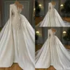 2021 Nya Luxury Mermaid Bröllopsklänningar Pärlor Beading One Shoulder Satin Långärmad Overskirts Avtagbar Train Ball Gown Bridal Gowns