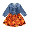 2020 toddler barn baby flickor klänning långärmad halloween tecknad film denim patchwork outfits casual klänningar flicka kläder vestidos lj200923