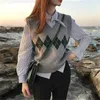 Women Sweater Vest Autumn Korean Style Vintage Geometric Argyle V Neck Sleeveless Pullover Knitted Jumper Tank Tops T360 201204