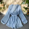 Sexig blomma tryck Ruffled Women Blue Wide Ben Short Jumpsuit 2020 Spring Lantern Sleeve V-Neck Sashes Chiffon Romper Overaller T200704