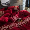 Luxury Red Purple Green Gray Blue Pink Winter Fleece Fabric Lace Embroidery Bedding Set Flannel Duvet Cover Bed sheet Pillowcase 201021