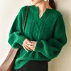 Autumn Winter Cashmere Sweater Woman Retro Green V-neck Pullover Turtleneck Clothes Women Oversized Knitted Long Sleeve 201030