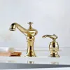 Badezimmer-Waschtischarmaturen, 2 Stück, Messing-Wasserhahn, Zwei-Loch-Waschtischmischer, Kaltwasserhahn mit Ablauf, Seifenspender, Chrom, Gold1