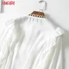 Tangada Frauen Rüschen weiße Hemden Langarm solide O-Ausschnitt elegante Büro Damen Arbeitskleidung Blusen LJ200813