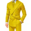 Amarelo Double Breasted Slim Fit Ternos para Homens Peaited Lapela Personalizado 2 Parte do Noivo do Casamento TuxeDos Homem Moda Roupas Conjunto Jaqueta 201106