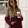 Mulheres Fleece Sweatshirt Inverno Casual Faux Fur Leopardo Patchwork Futebol Feminino Hoodies Quente Turtleneck Zipper Grosso Sherpa Tops T200727